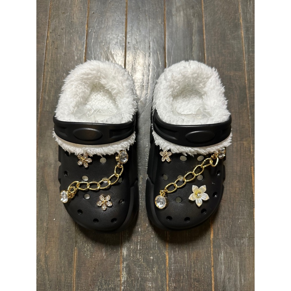 Kids Black Faux Fur Lined Clogs Rhinestone‎ Flower Gold Chain Charms